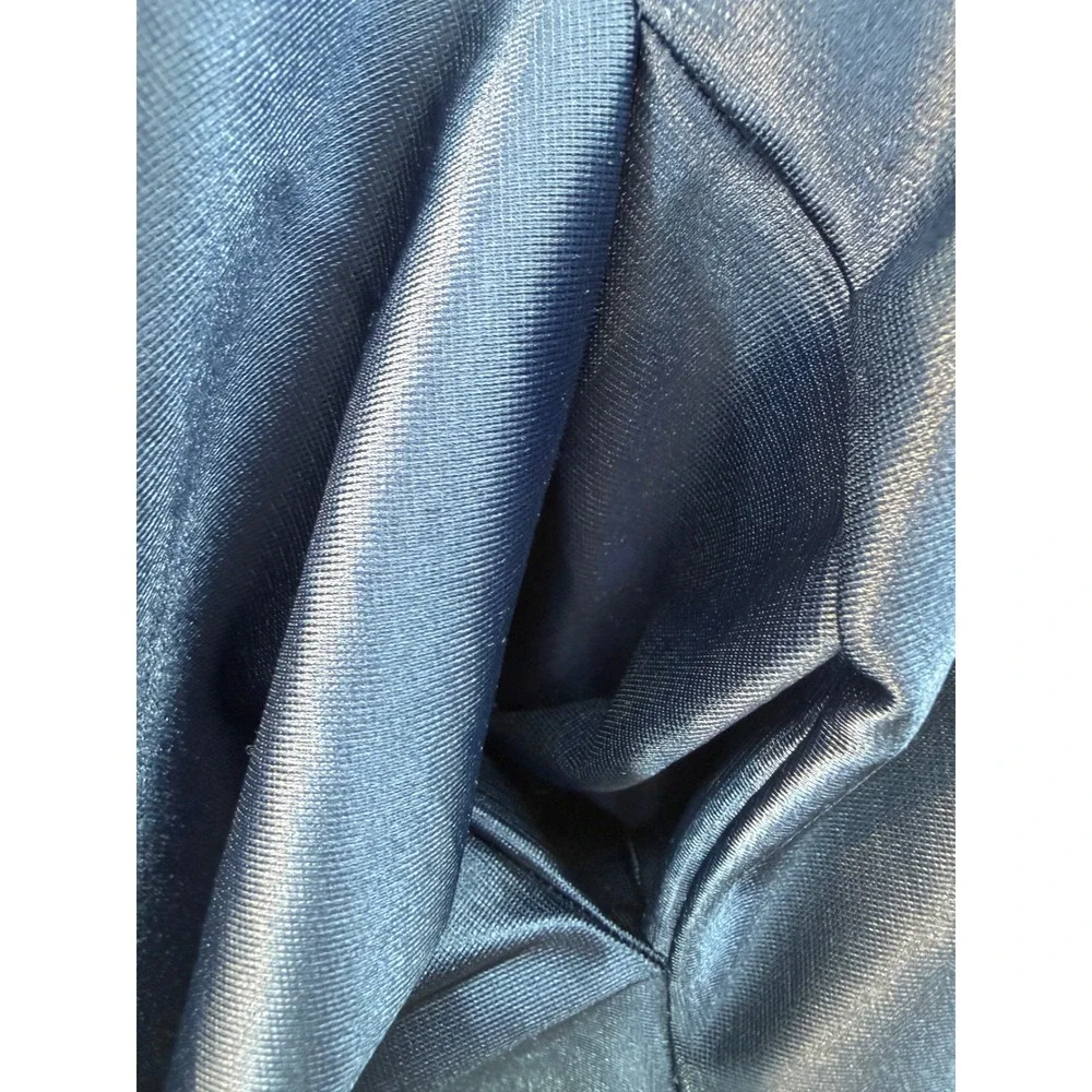 Vintage Puff‎ Sleeve Satin Robe Royal Blue Ruffle Neck Tie Waist Maxi Wrap M/L